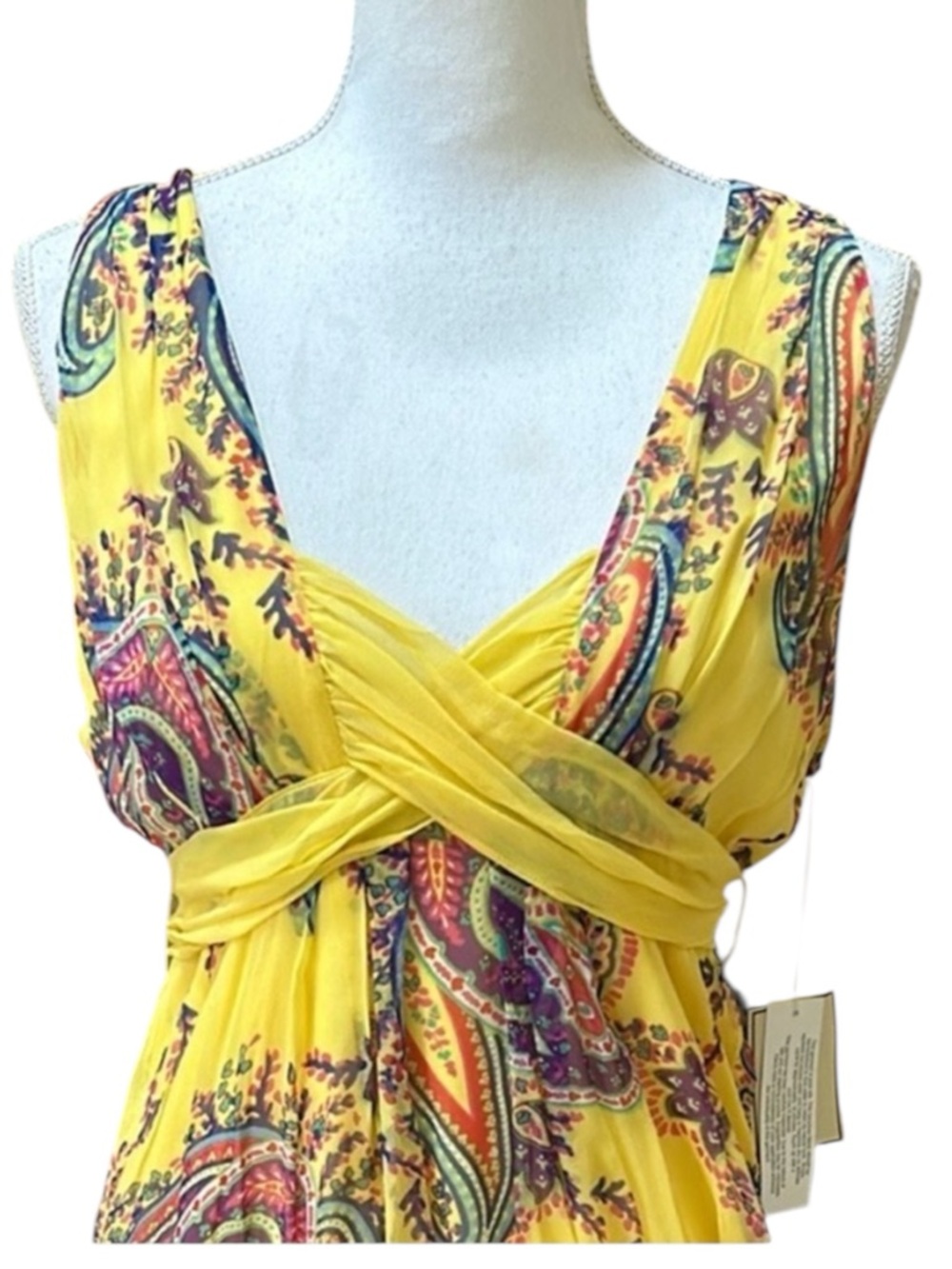 Vtg Jonathan Martin NWT Yellow Lavender Paisley Sleeveless Silk Cocktail Dress L - Picture 3 of 16